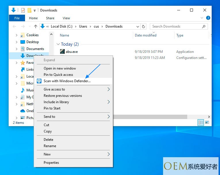 Win10如何使用WindowsDefender对文件夹进行扫描。