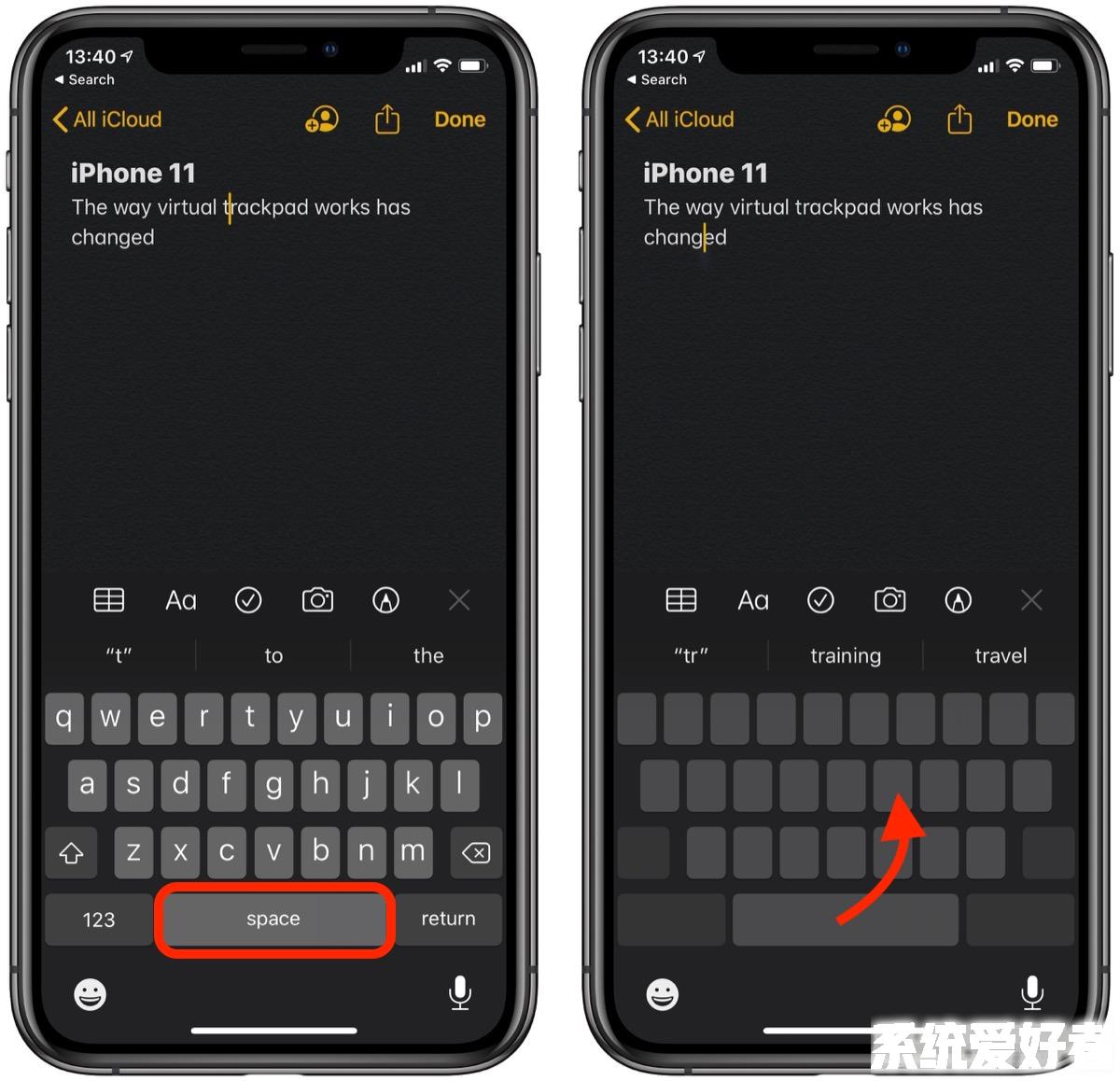 如何在 iPhone 11 及 iPhone 11 Pro 上使用键盘虚拟触控板？