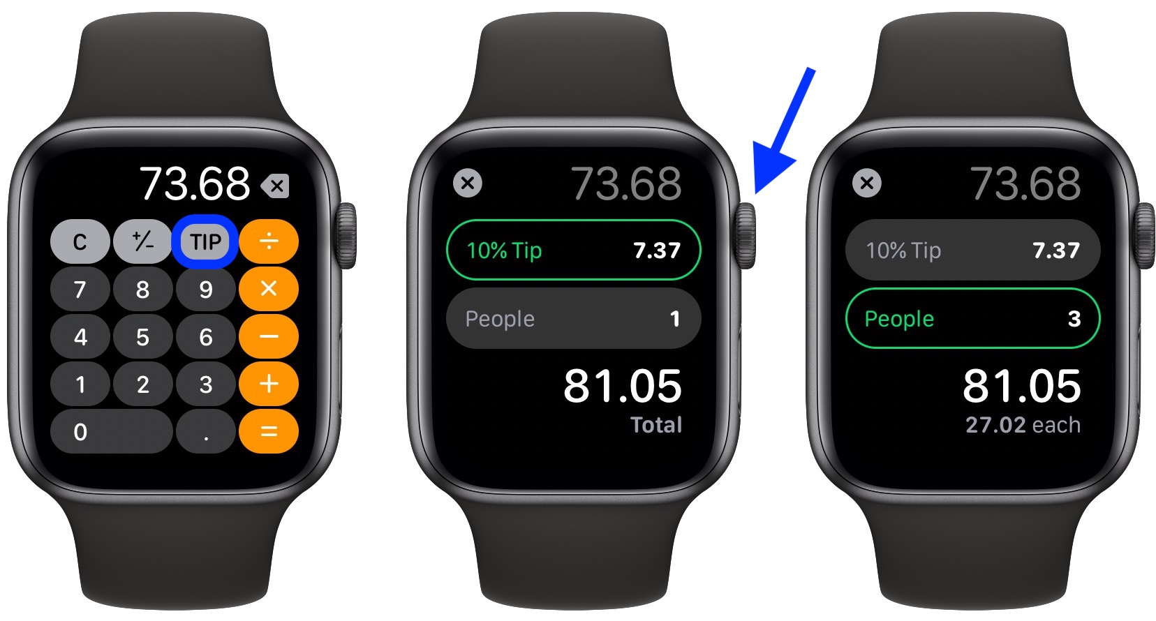 如何在 Apple Watch 上使用拆分的帐单和小费计算器功能？