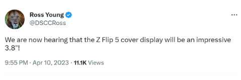 三星Galaxy Z Flip 5手机外屏尺寸将达到3.8英寸