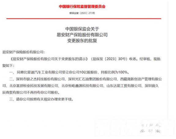 中国银保监会批复：比亚迪汽车收购易安财产保险股份